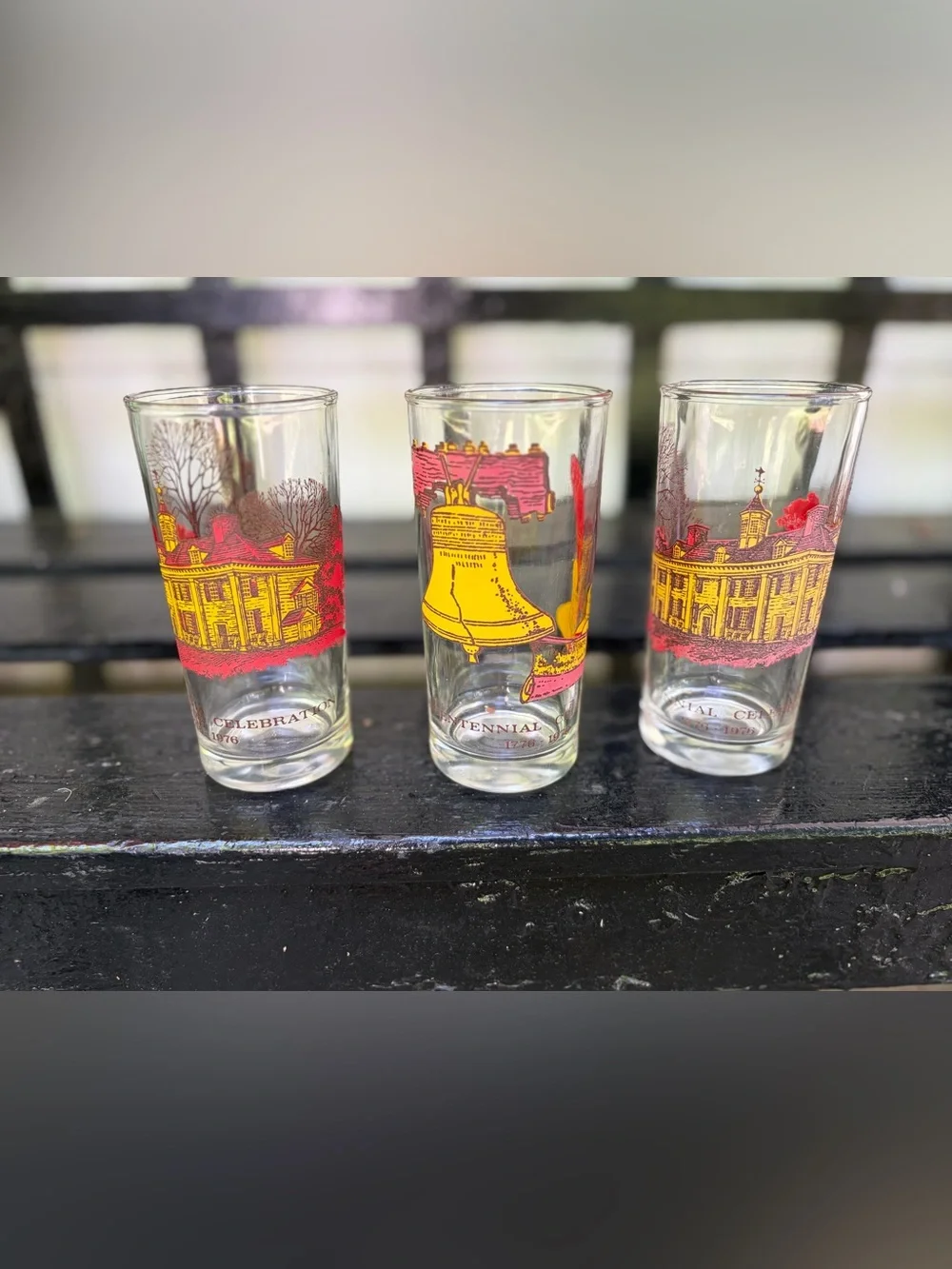 Set of 3 Vintage Commemorative Liberty Bell Shot Glasses - Yellow & Red Graphics
